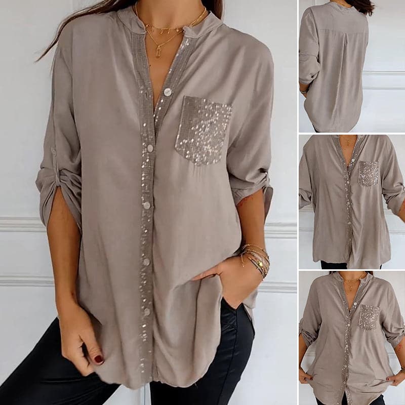 VERITY SEQUIN TRIM BUTTON-UP SHIRT