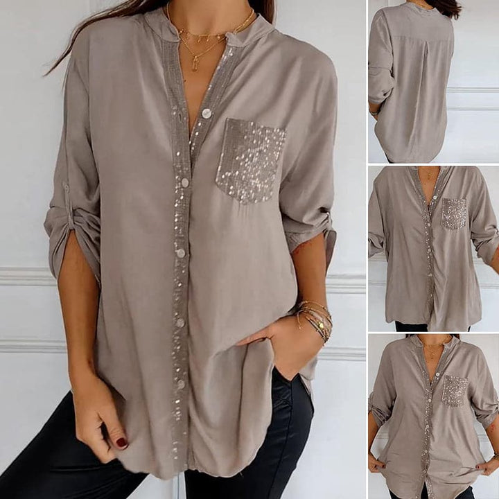 VERITY SEQUIN TRIM BUTTON-UP SHIRT
