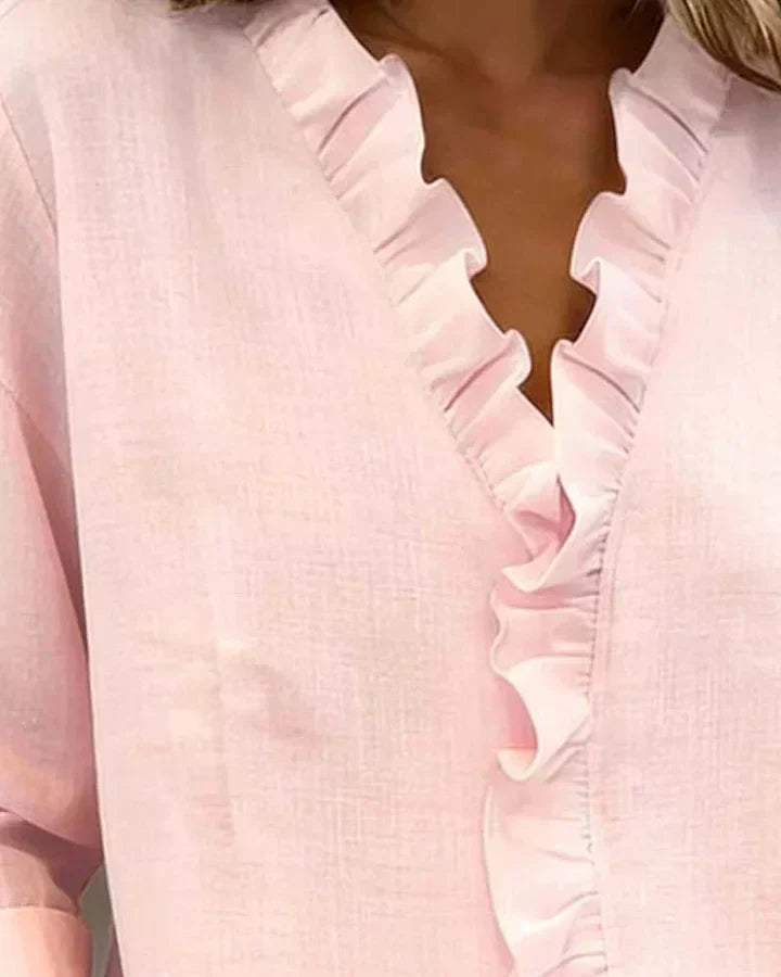 Aletta | Blouse with Ruffles, V-Neck and Long Sleeves
