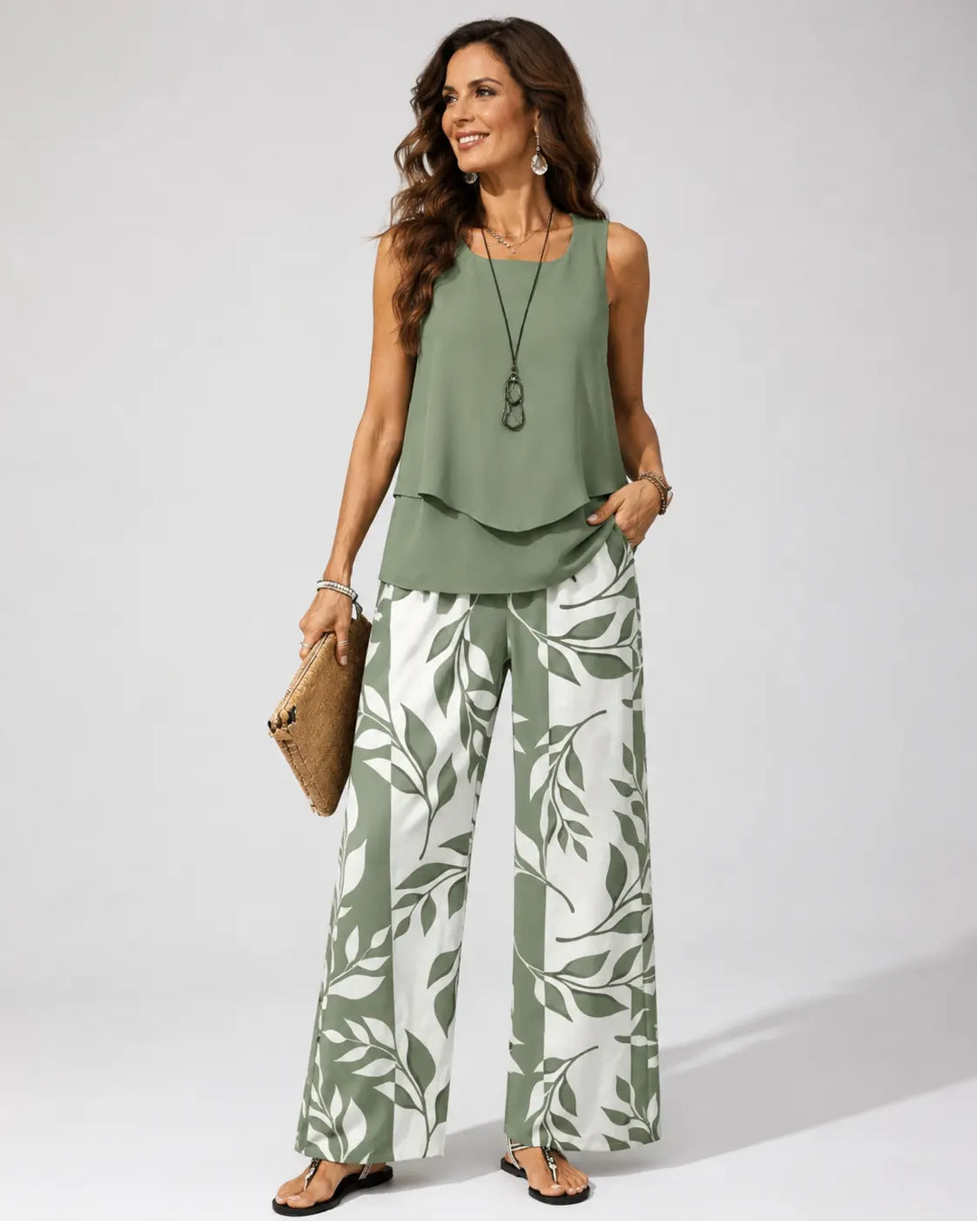 Petronila™ | Sage Green Botanical Blouse & Trouser Co-ord