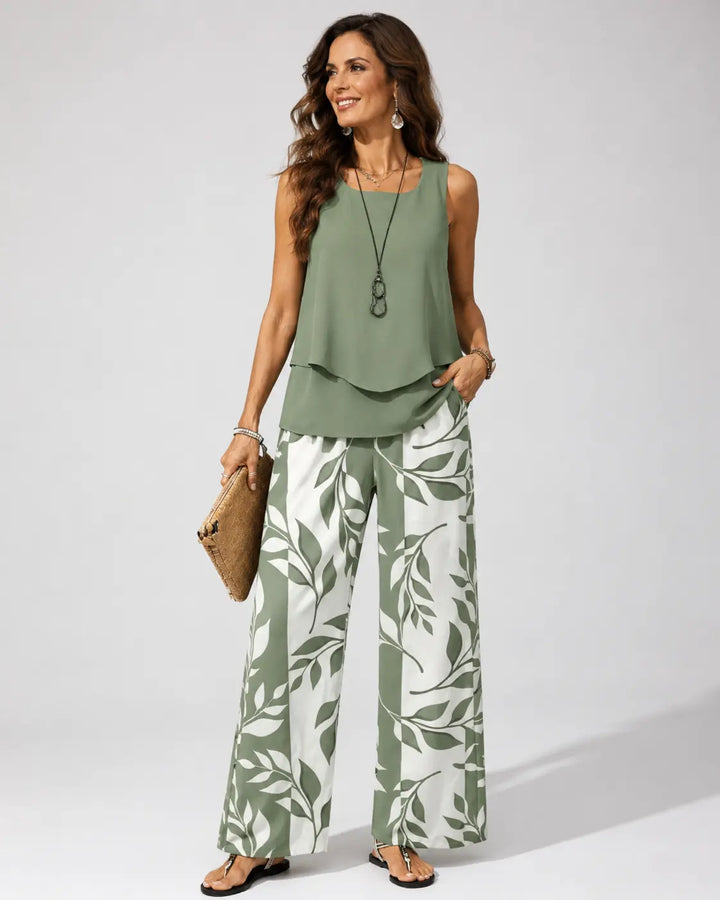 Petronila™ | Sage Green Botanical Blouse & Trouser Co-ord