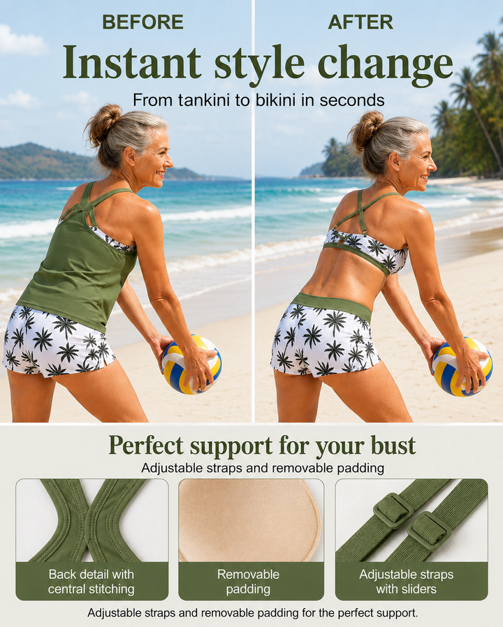Maren three-piece set with a bikini, a tankini and a cover-up