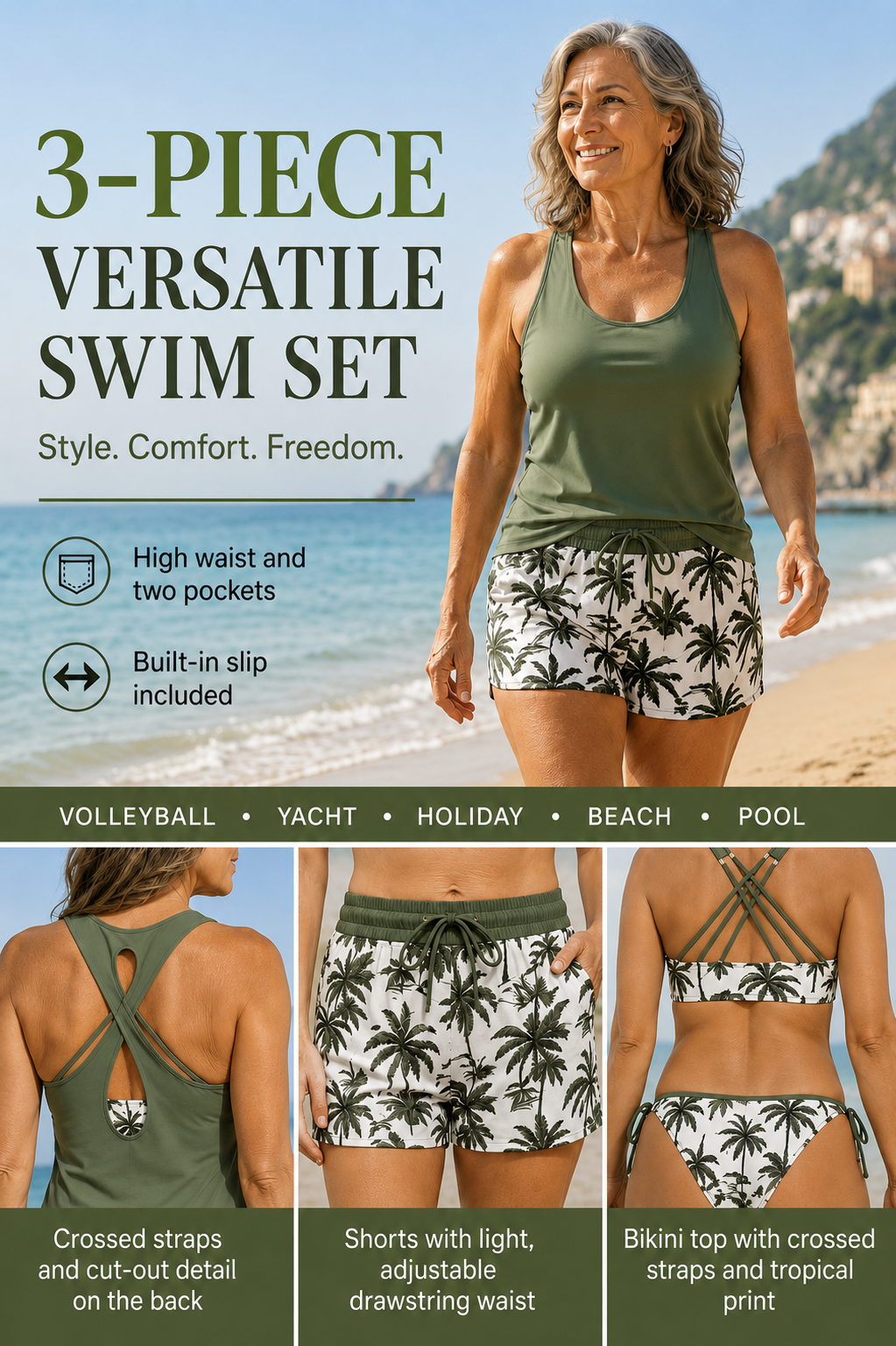 Maren three-piece set with a bikini, a tankini and a cover-up