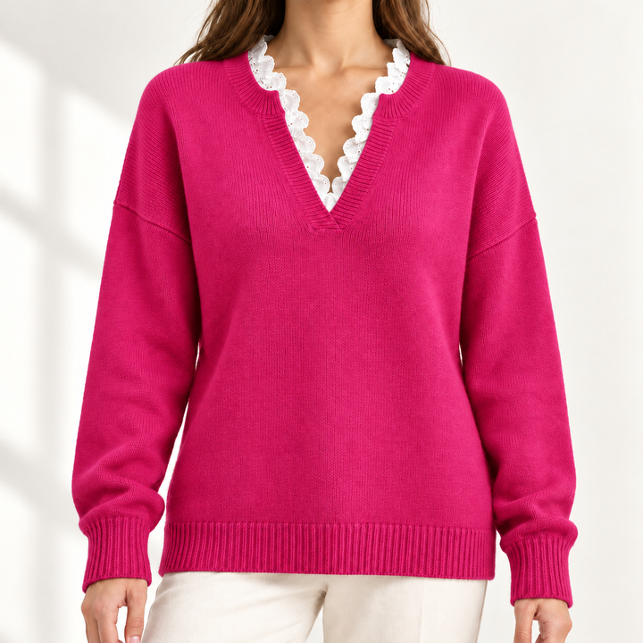 Lenora Lace-Trim V-Neck Jumper
