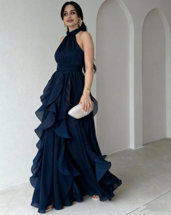 Orea High Neck Gathered Ruffle Layers Maxi Dress by Roseworth London