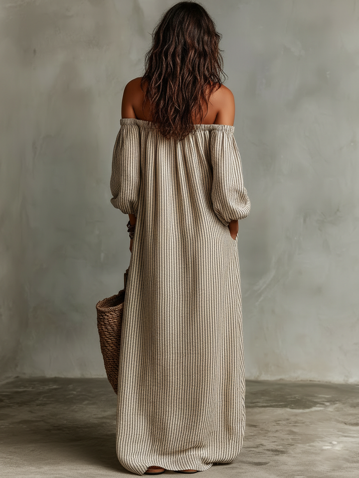 Carmen | Long Cotton-Linen Dress with Off-the-Shoulder Design