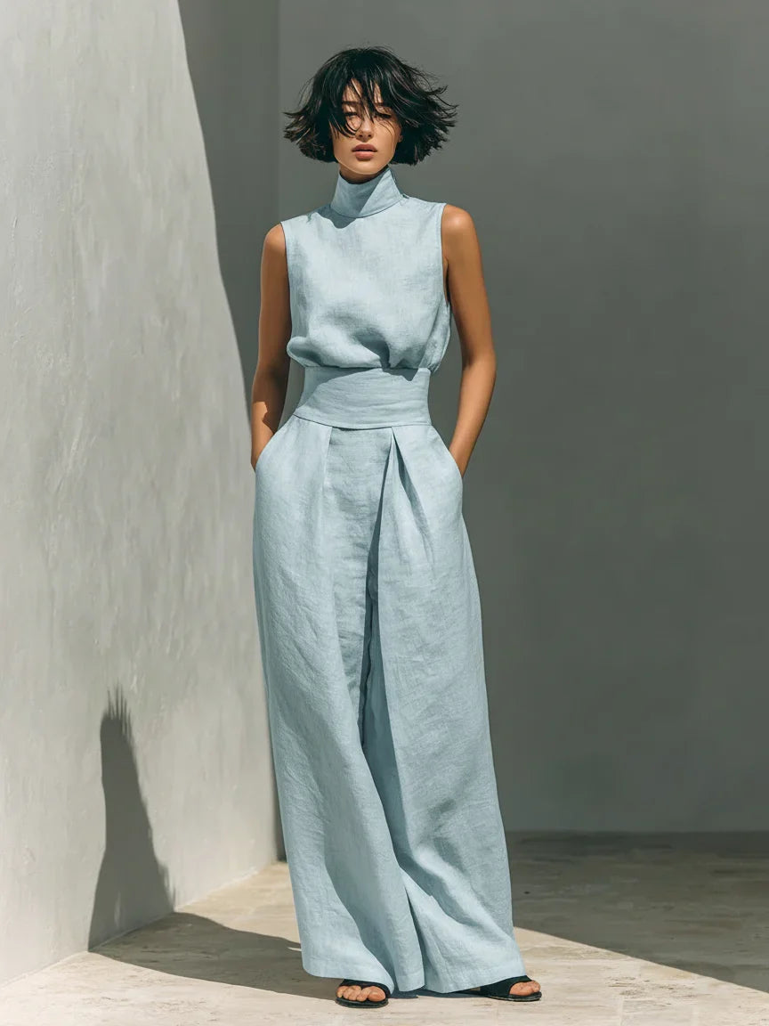 Julie | Beige Linen Two-Piece Set with Sleeveless Top and Wide-Leg Trousers