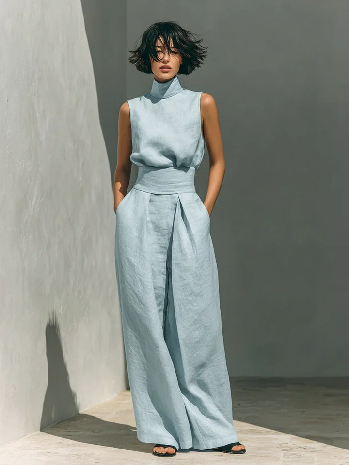 Julie | Beige Linen Two-Piece Set with Sleeveless Top and Wide-Leg Trousers