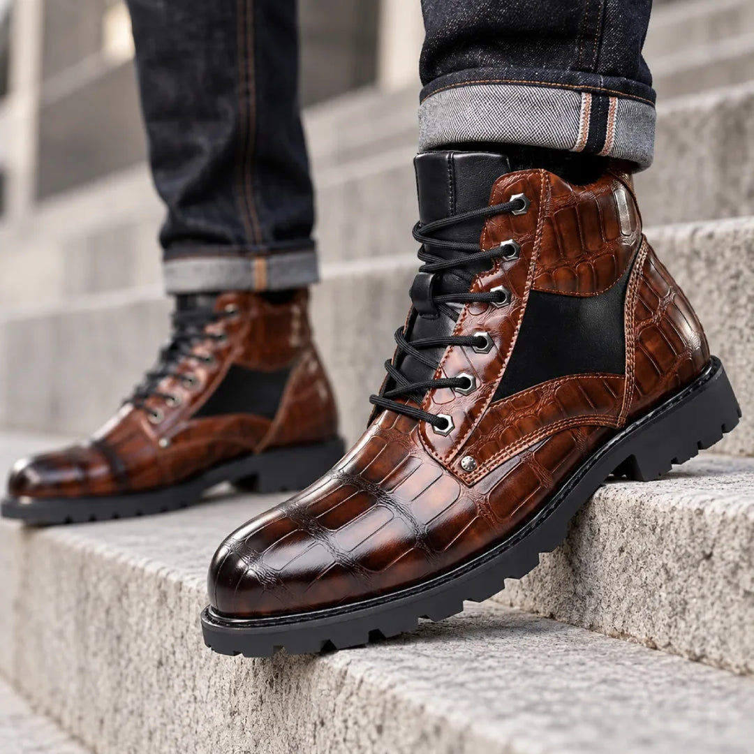 Talon Croc-Embossed Leather Lace-Up Boots
