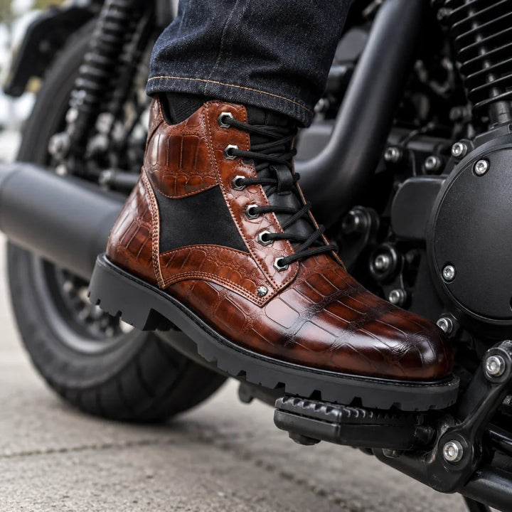Talon Croc-Embossed Leather Lace-Up Boots