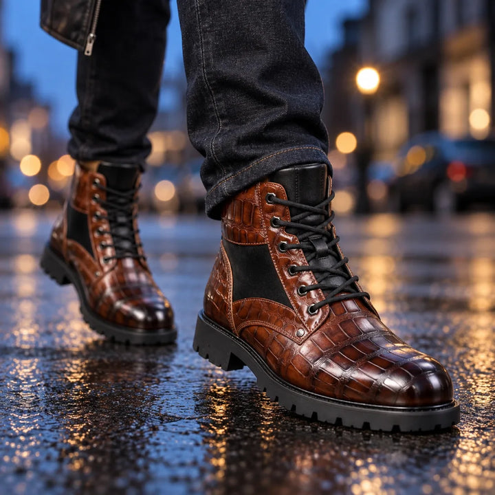 Talon Croc-Embossed Leather Lace-Up Boots