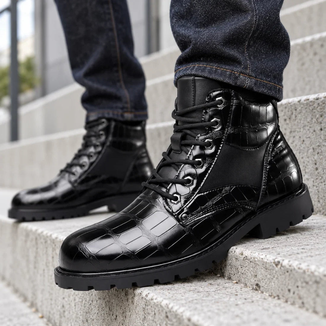 Talon Croc-Embossed Leather Lace-Up Boots