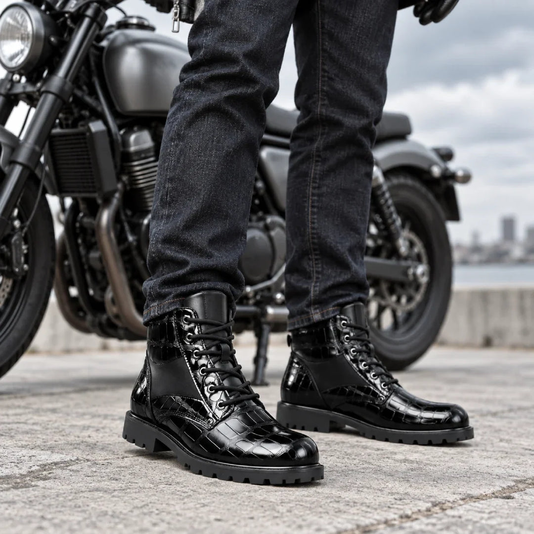Talon Croc-Embossed Leather Lace-Up Boots