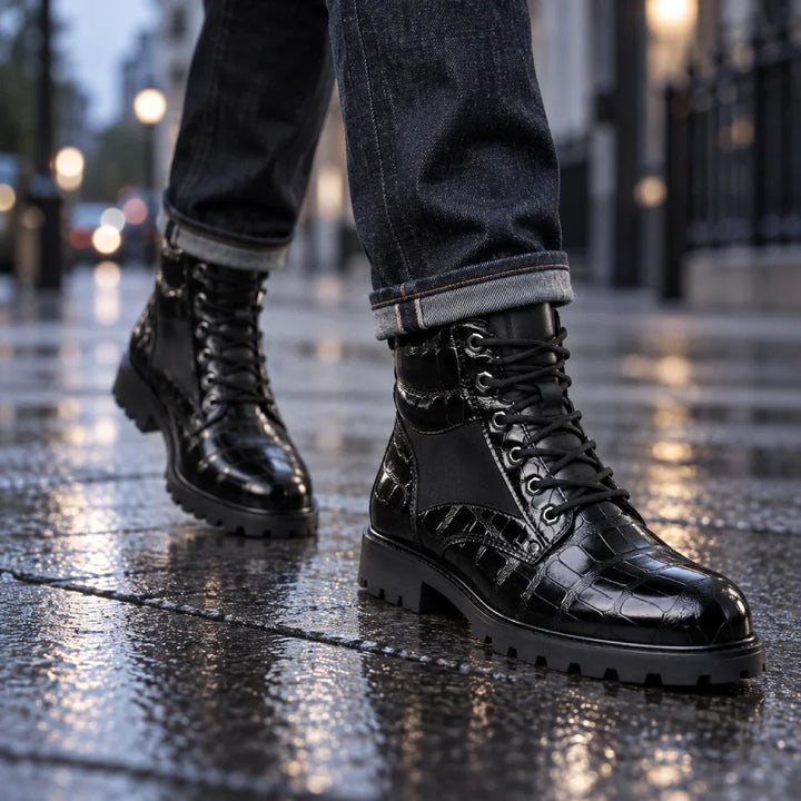 Talon Croc-Embossed Leather Lace-Up Boots