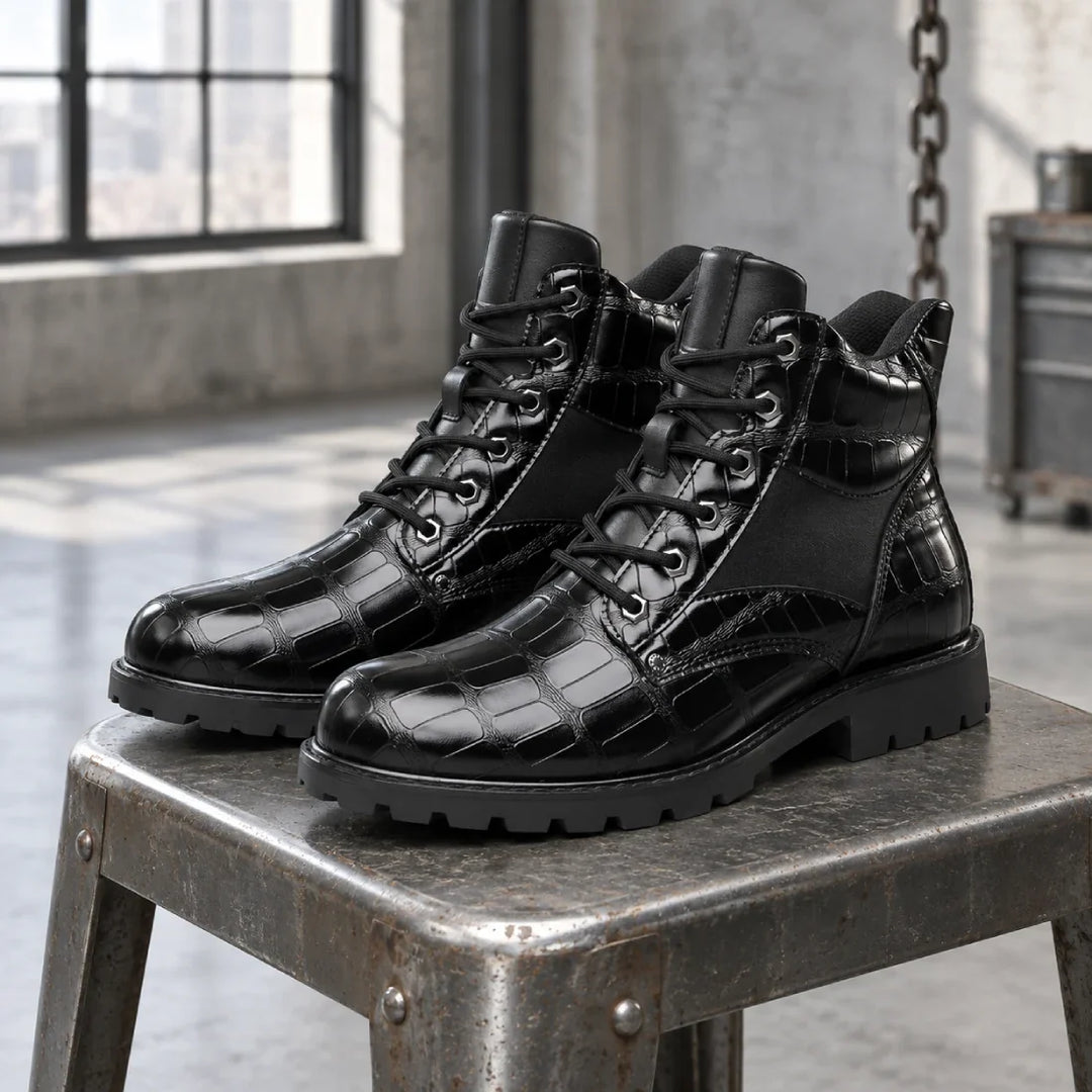 Talon Croc-Embossed Leather Lace-Up Boots