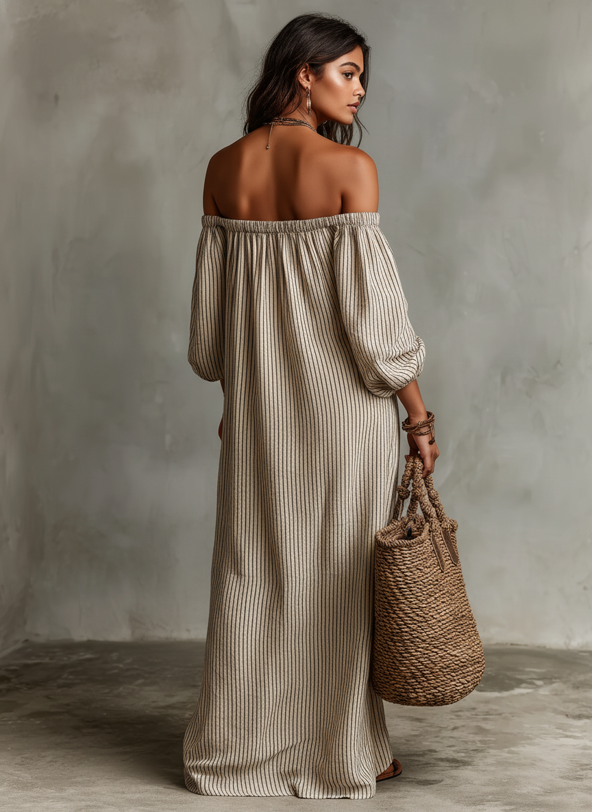 Carmen | Long Cotton-Linen Dress with Off-the-Shoulder Design