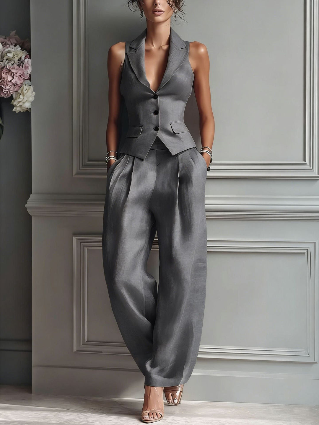 Charlotte | Women's Buttoned Two-Piece Set with V-Neck