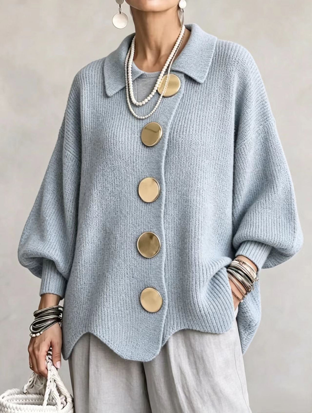 Celeste Elegant Oversized Gold-Button Cardigan