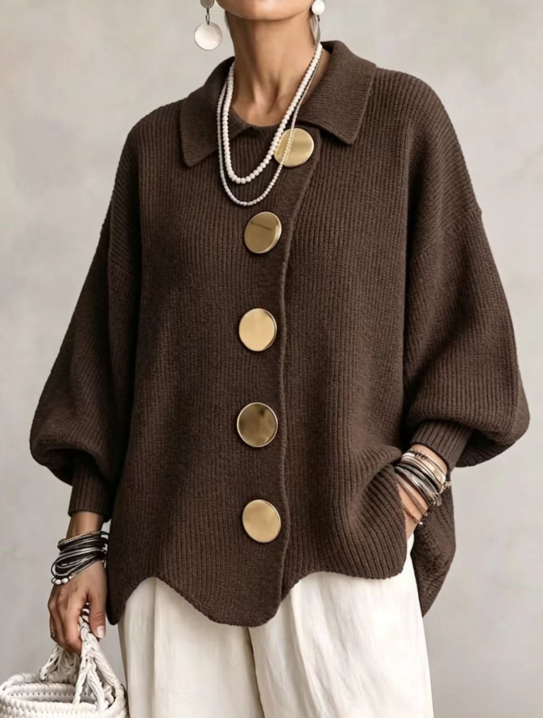 Celeste Elegant Oversized Gold-Button Cardigan