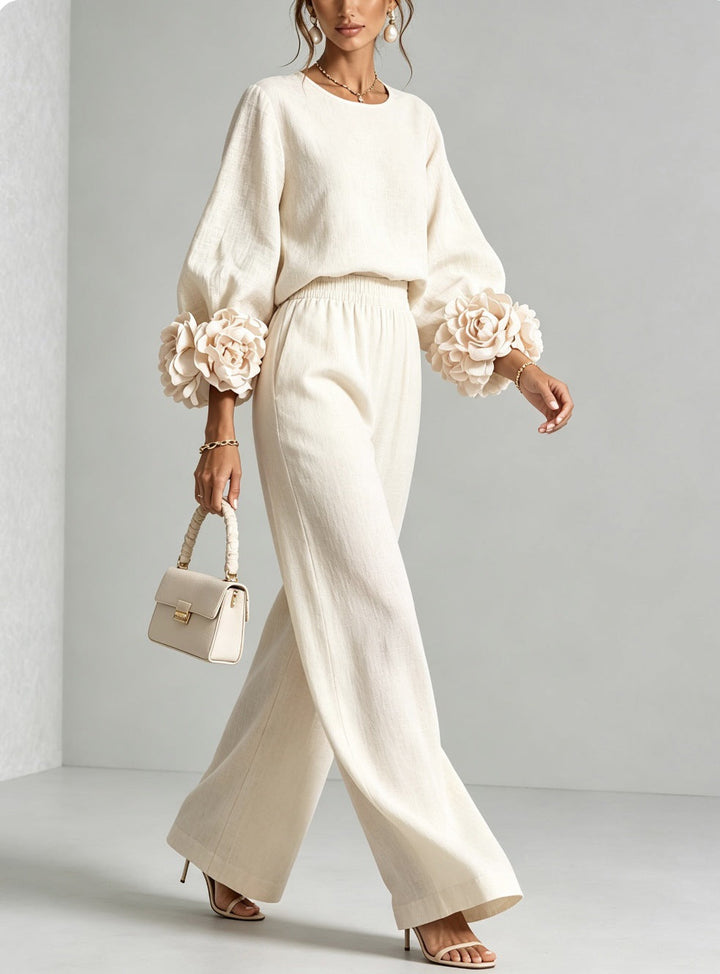 Evelyn | Elegant Floral-Cuff Trouser Set