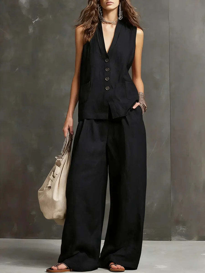 Alice | Cotton-Linen Two-Piece Set with Sleeveless Waistcoat and Wide-Leg Trousers