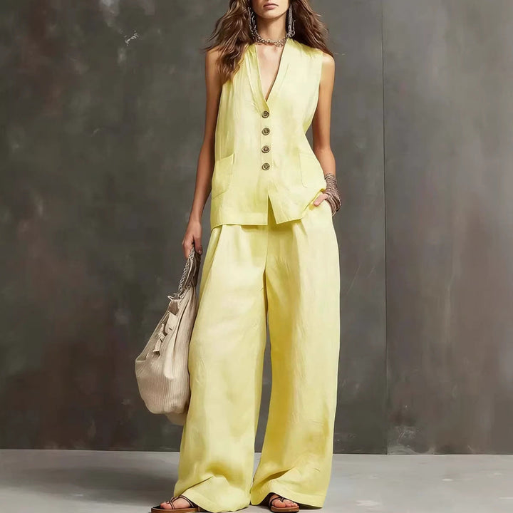 Alice | Cotton-Linen Two-Piece Set with Sleeveless Waistcoat and Wide-Leg Trousers