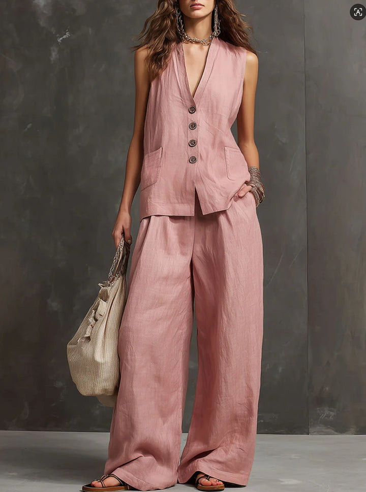 Alice | Cotton-Linen Two-Piece Set with Sleeveless Waistcoat and Wide-Leg Trousers