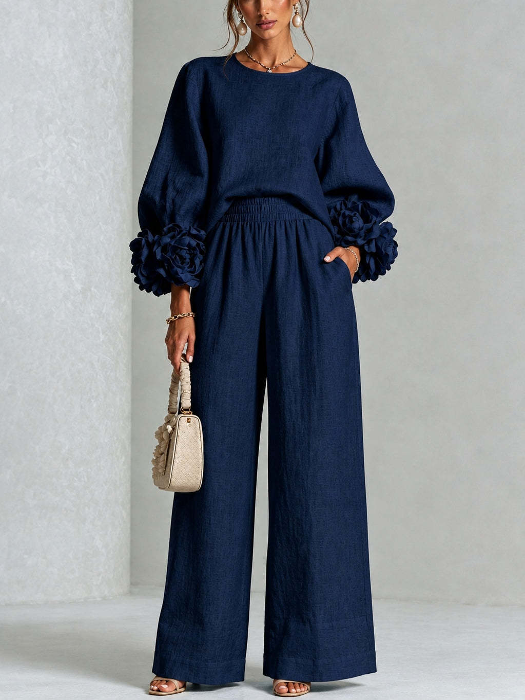 Evelyn | Elegant Floral-Cuff Trouser Set