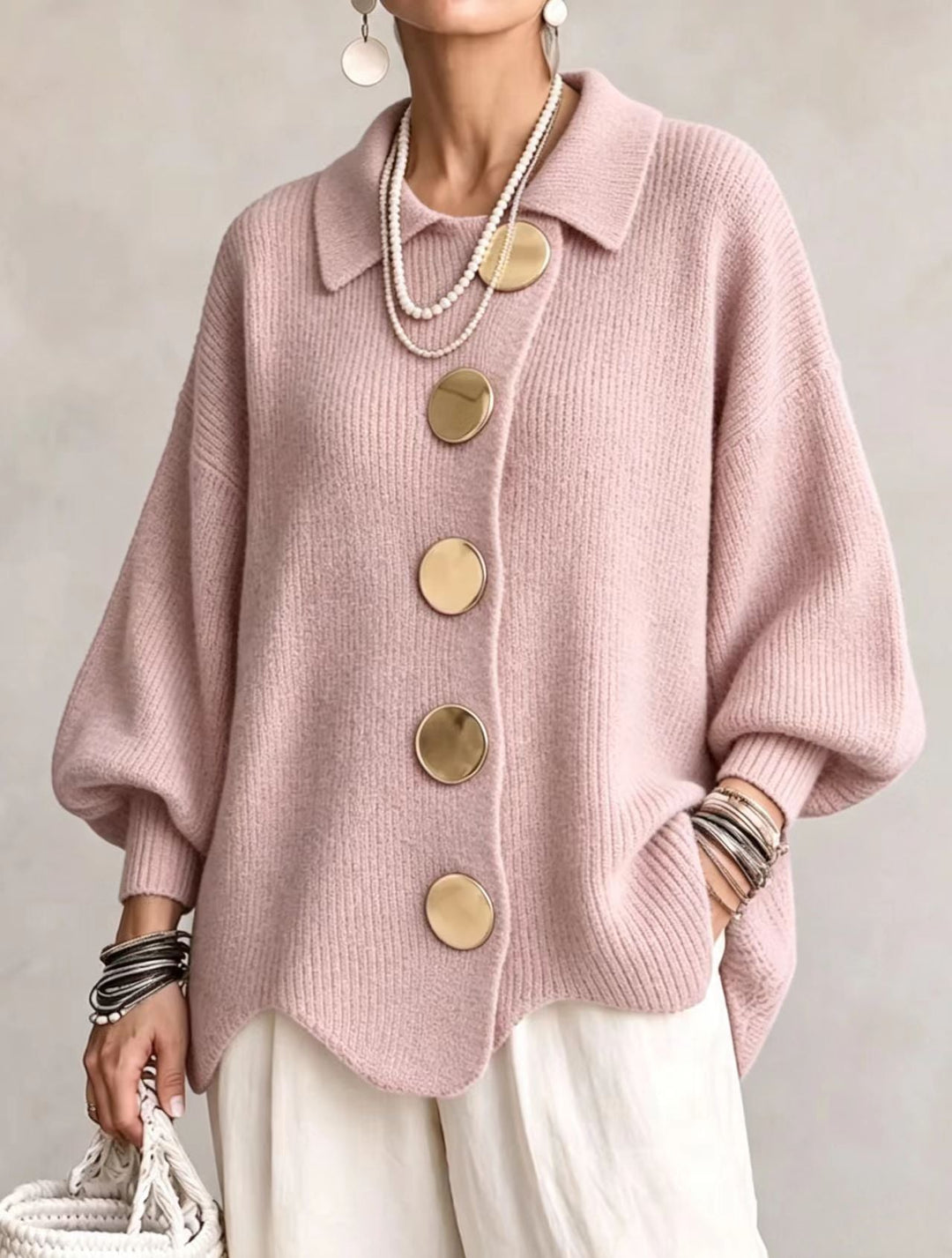Celeste Elegant Oversized Gold-Button Cardigan