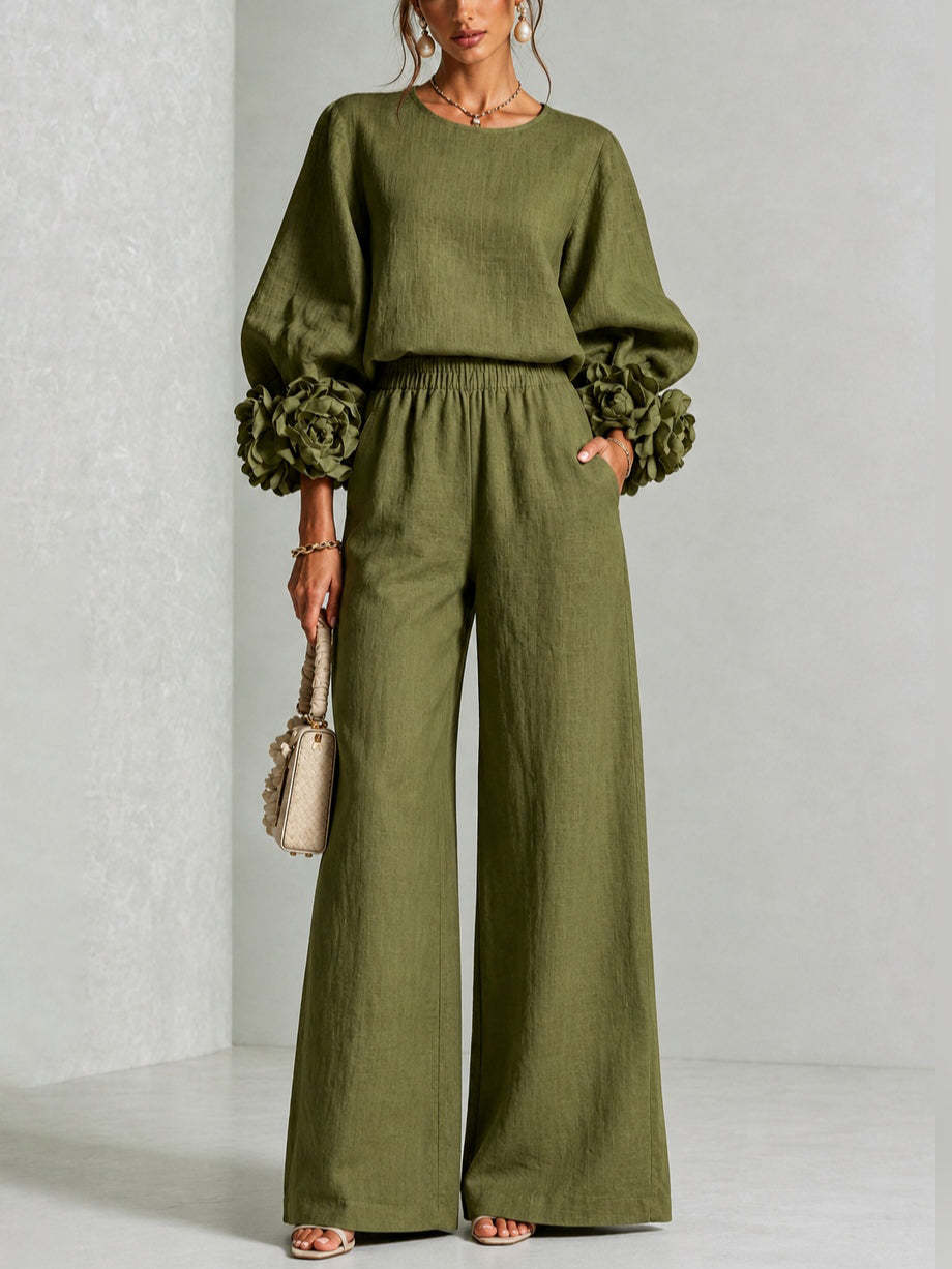 Evelyn | Elegant Floral-Cuff Trouser Set