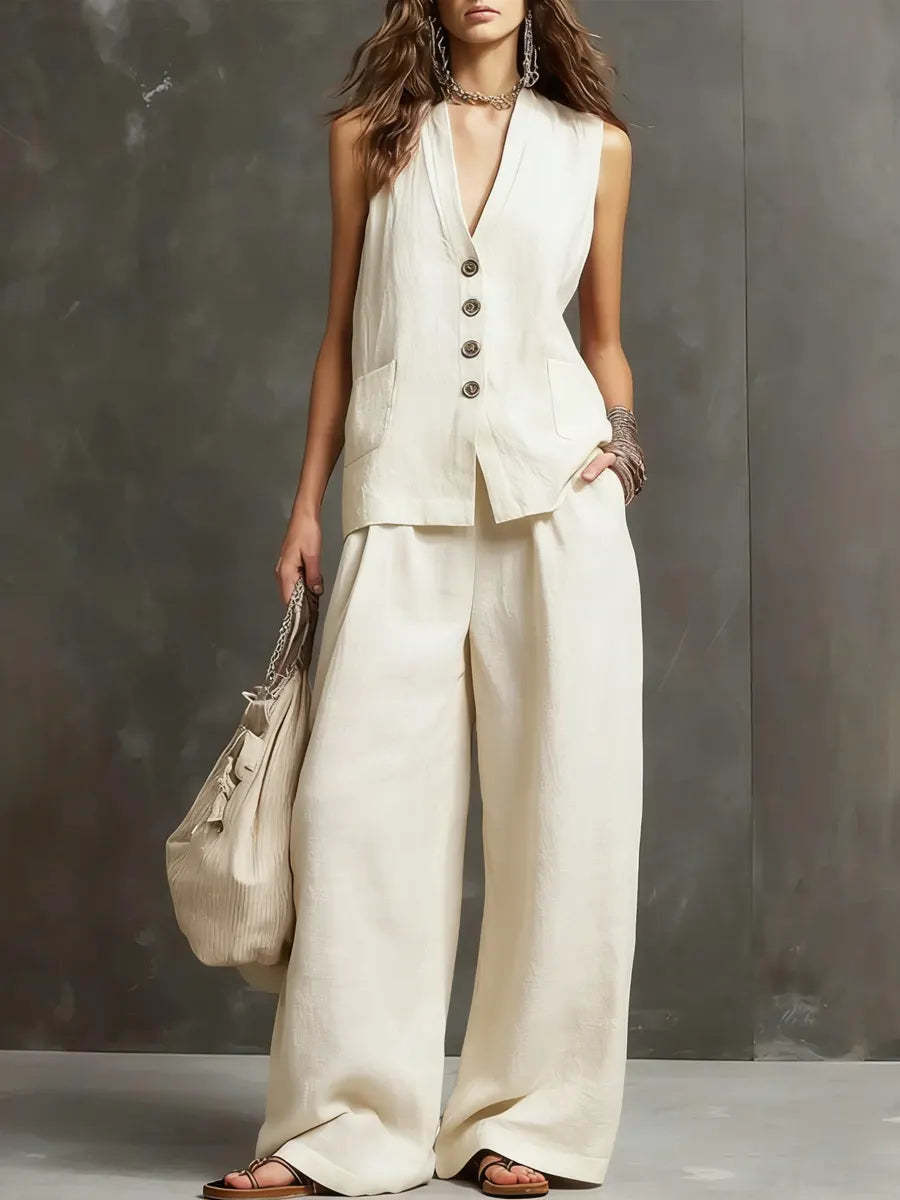 Alice | Cotton-Linen Two-Piece Set with Sleeveless Waistcoat and Wide-Leg Trousers