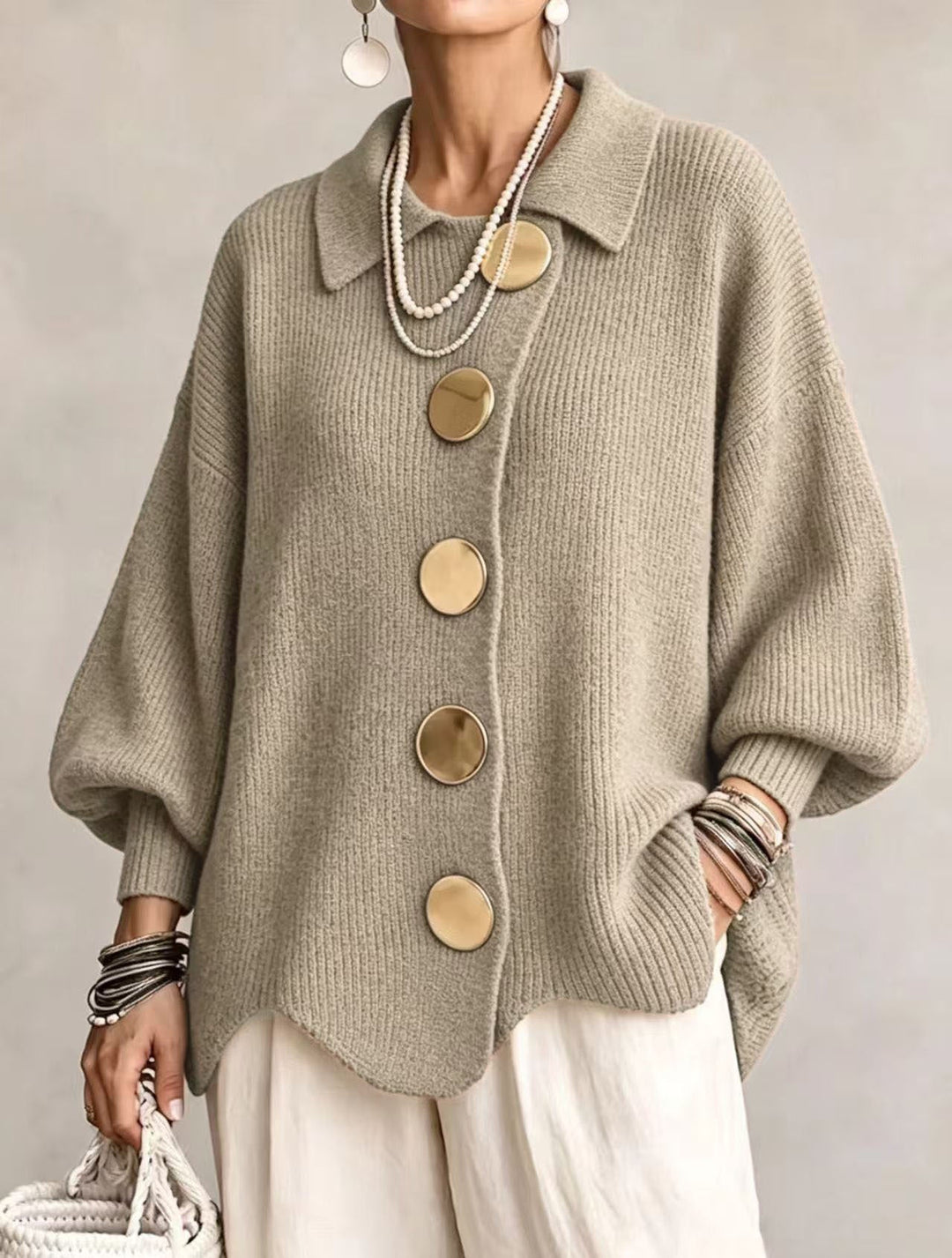 Celeste Elegant Oversized Gold-Button Cardigan