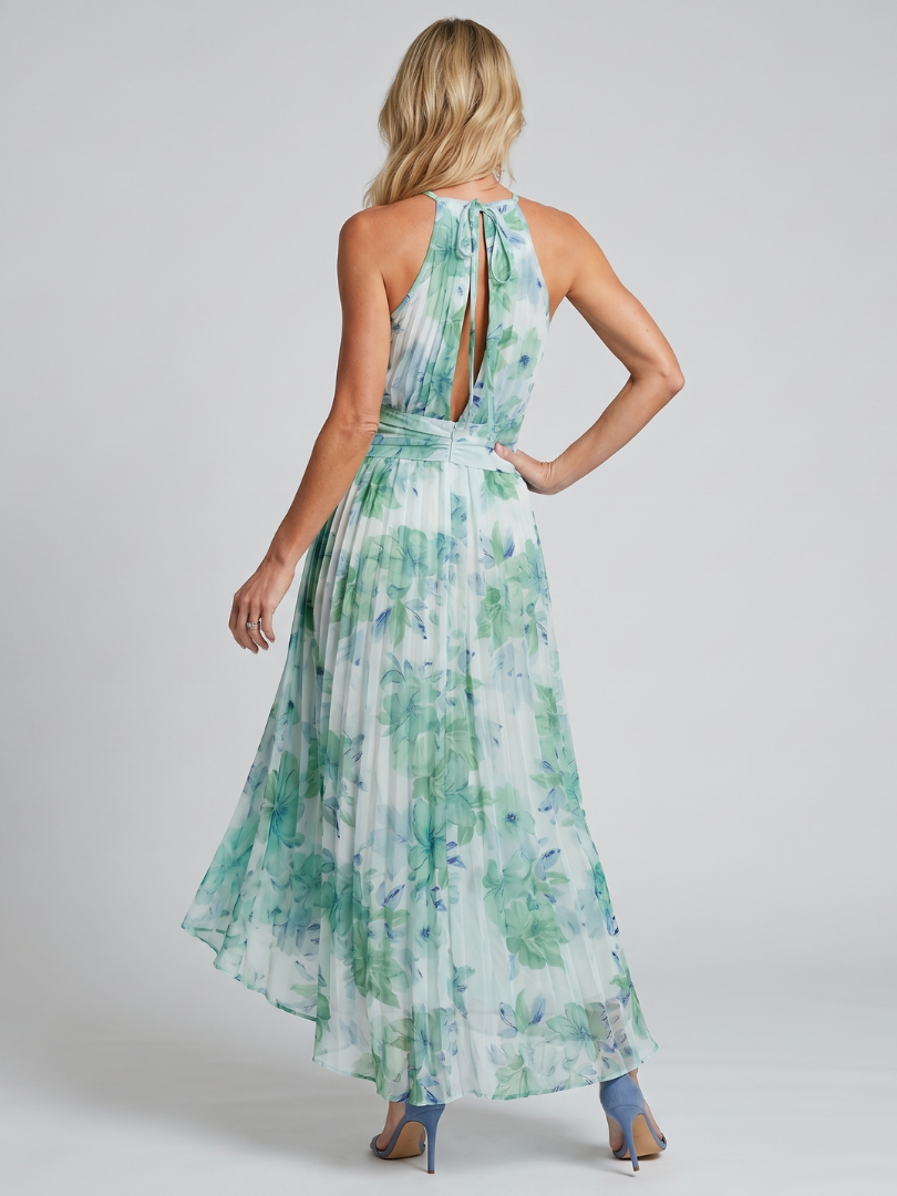 Portia Pleated Halter Soft Floral Pattern Midi Dress by Roseworth London