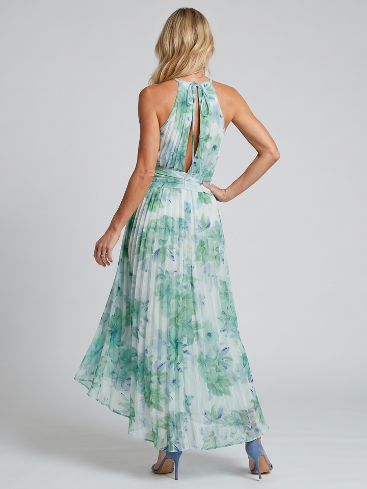 Portia Pleated Halter Soft Floral Pattern Midi Dress by Roseworth London