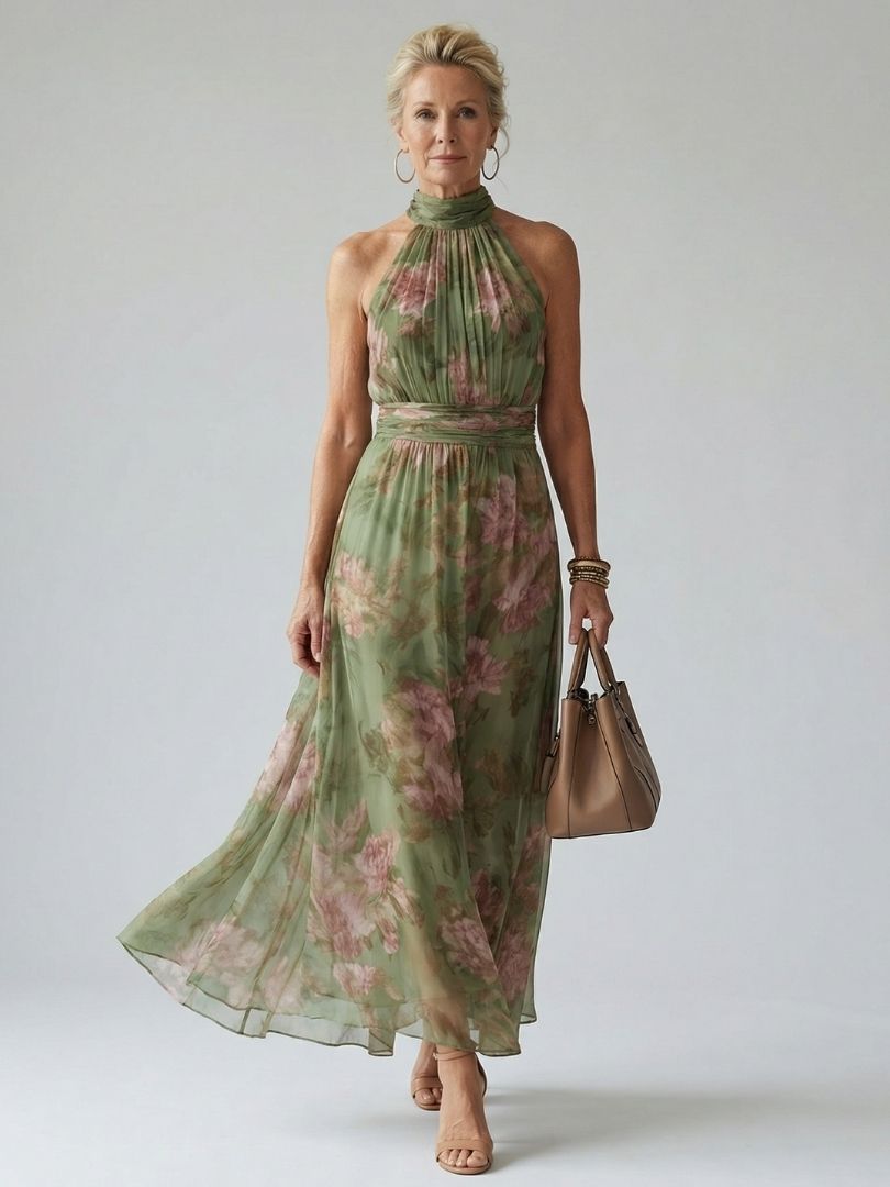 Mirelle Gathered Halter Midi Dress by Roseworth London