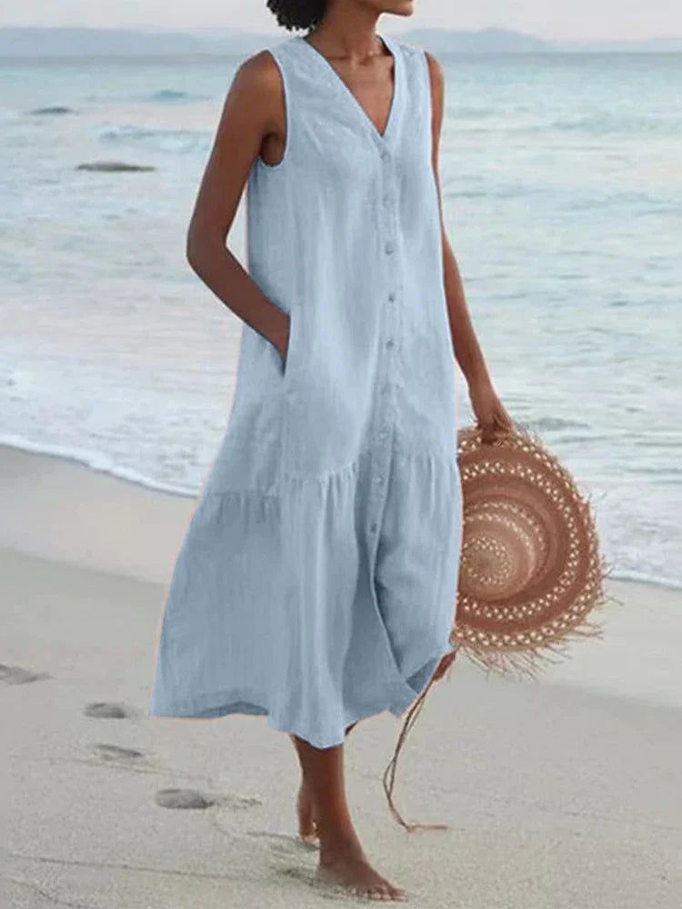 Florence Relaxed V-Neck Midi Dress with Pockets