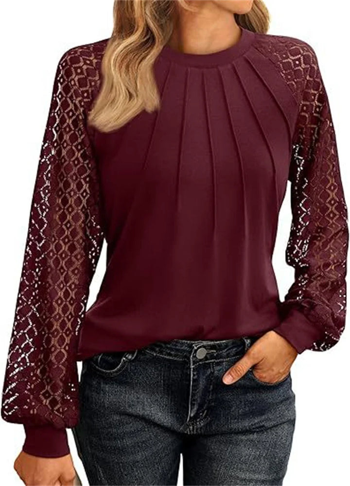 Amelia Lace-Sleeve Pleated Blouse