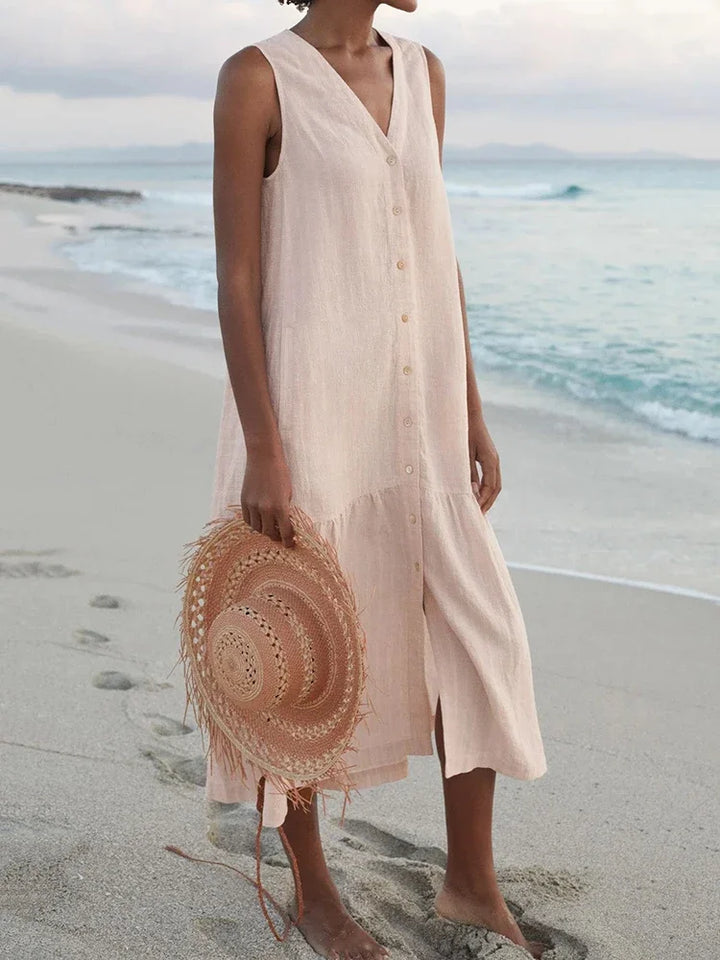 Florence Relaxed V-Neck Midi Dress with Pockets