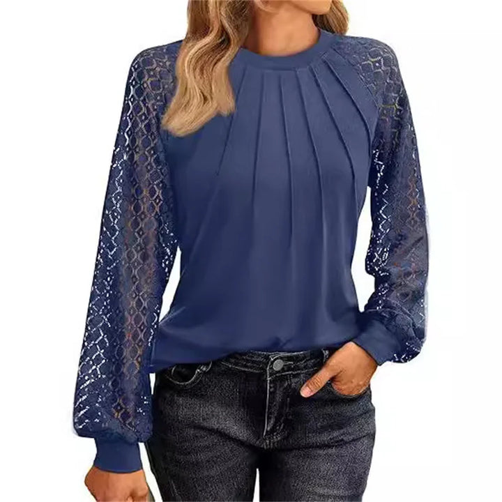 Amelia Lace-Sleeve Pleated Blouse