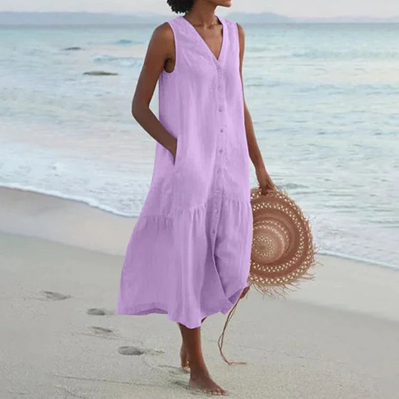 Florence Relaxed V-Neck Midi Dress with Pockets