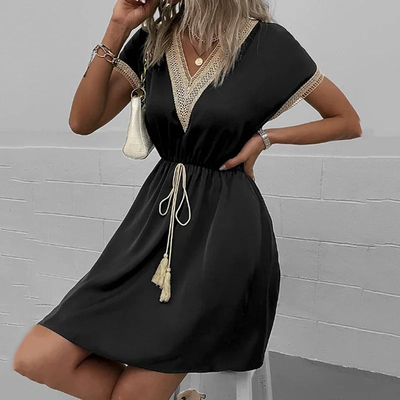 Clara™ | White Lace V-Neck Belted Midi Dress