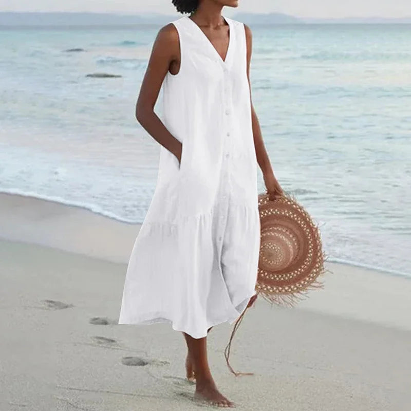 Florence Relaxed V-Neck Midi Dress with Pockets