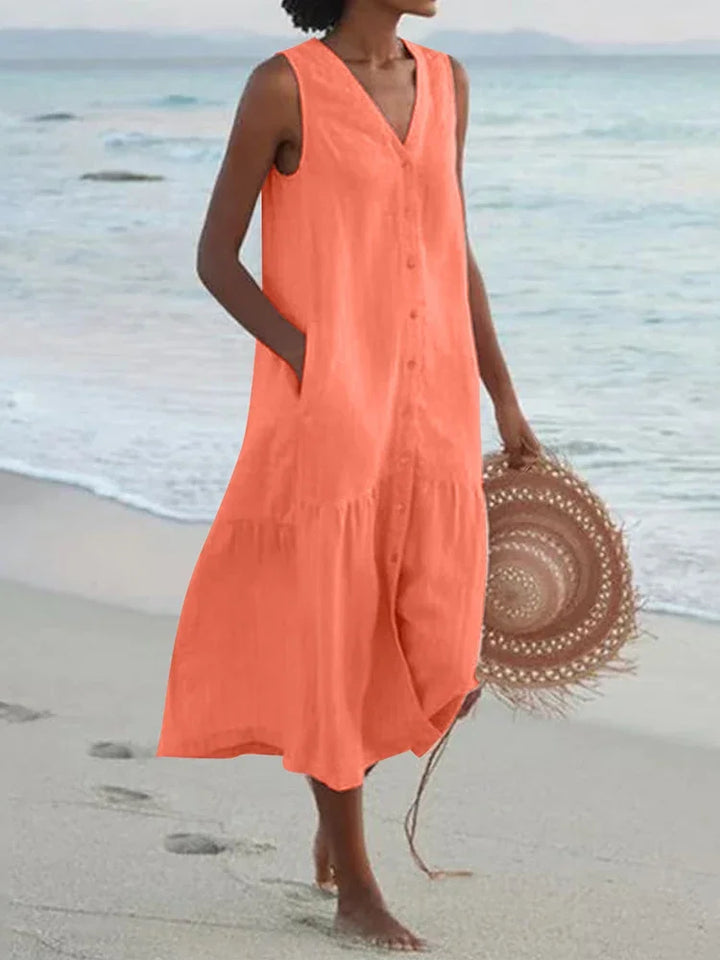 Florence Relaxed V-Neck Midi Dress with Pockets
