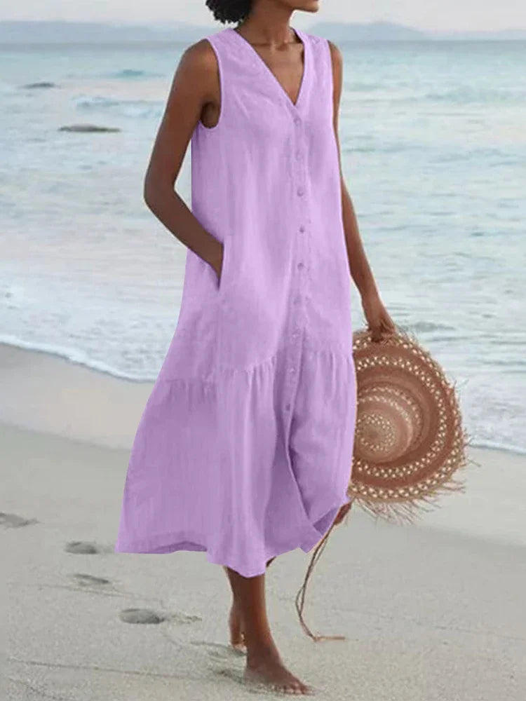 Florence Relaxed V-Neck Midi Dress with Pockets
