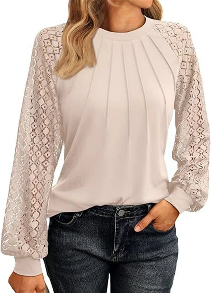 Amelia Lace-Sleeve Pleated Blouse