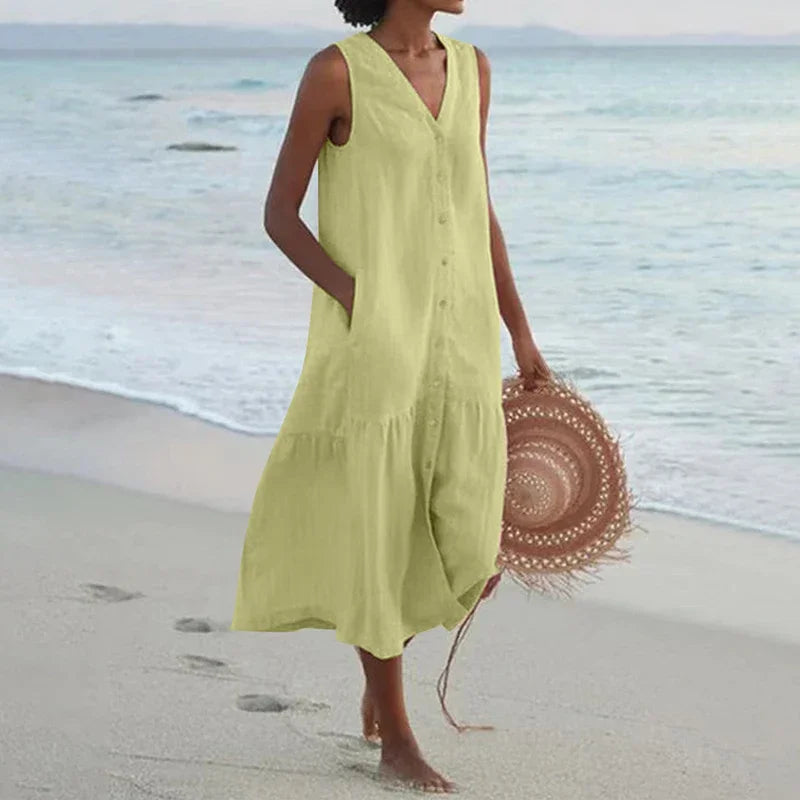 Florence Relaxed V-Neck Midi Dress with Pockets