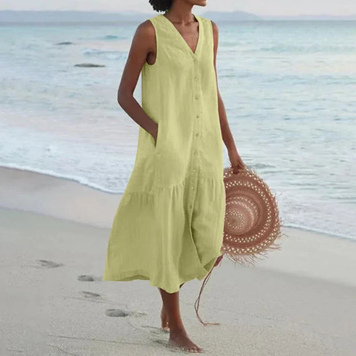 Florence Relaxed V-Neck Midi Dress with Pockets