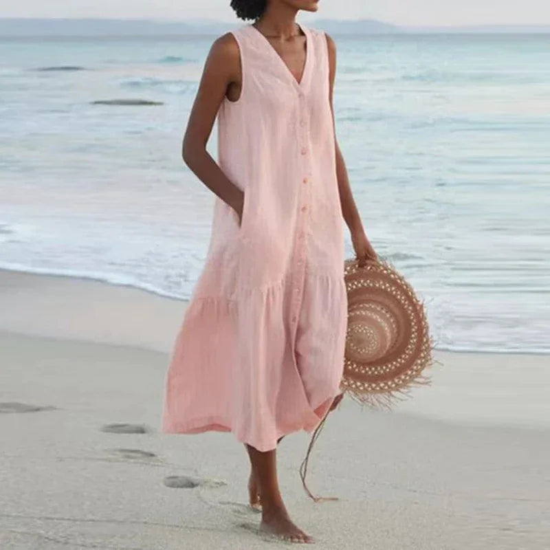 Florence Relaxed V-Neck Midi Dress with Pockets