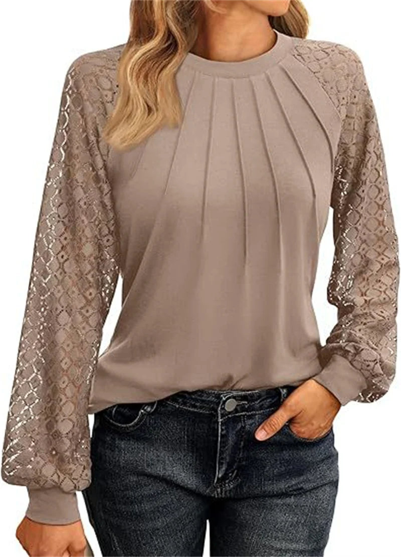 Amelia Lace-Sleeve Pleated Blouse