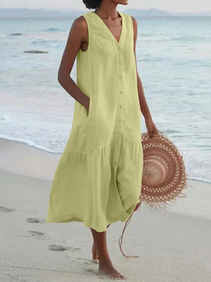 Florence Relaxed V-Neck Midi Dress with Pockets